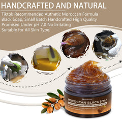 Forvirness Moroccan Black Soap bars texture close-up highlighting moisturizing potential.
