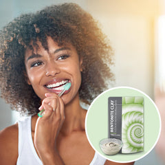 Fossil Power hair pack Bentonite Clay demonstrating a deep-cleanse hair mask.