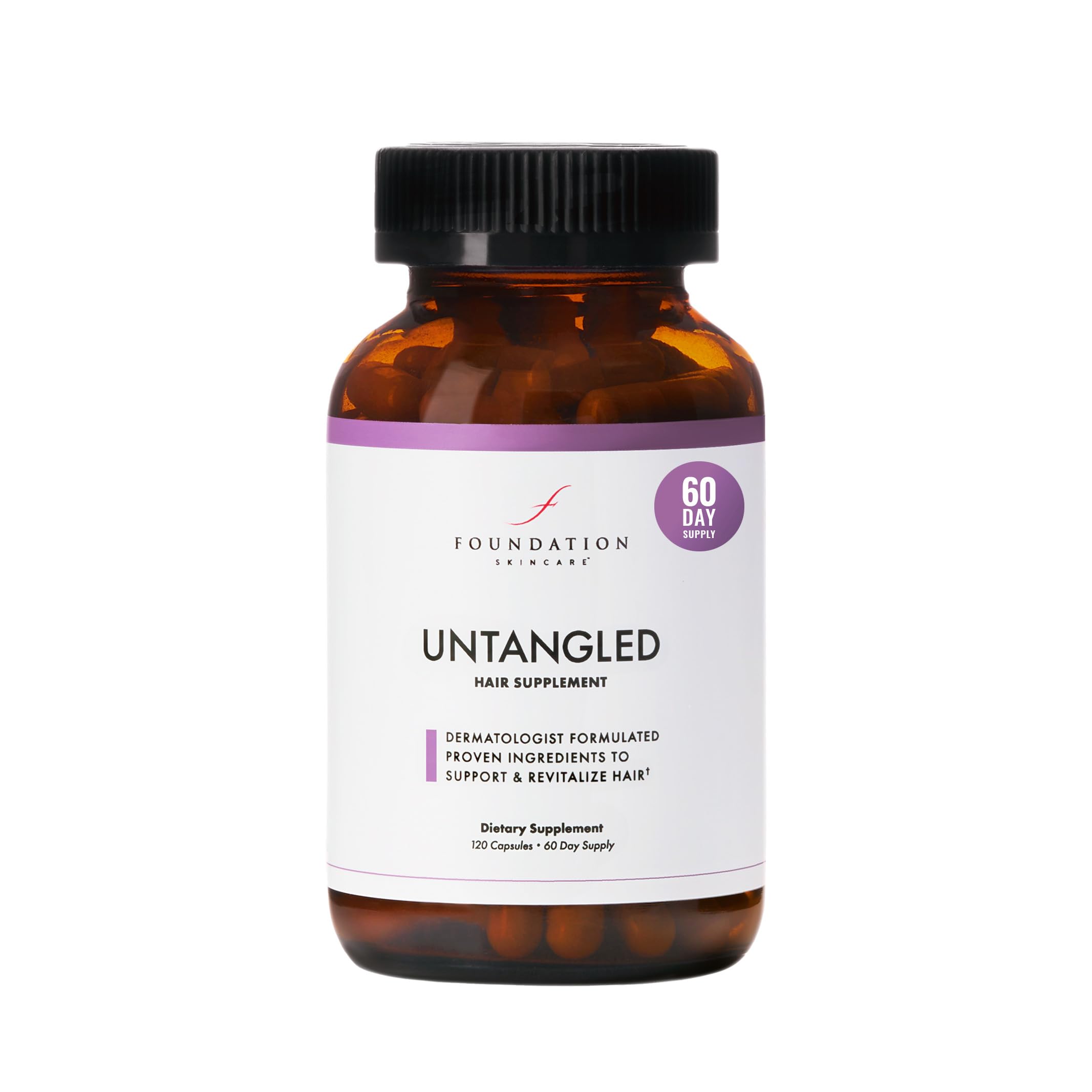 Foundation Skincare UnTangled Hair Vitamins bottle closeup highlights a daily supplement for fuller, shinier hair