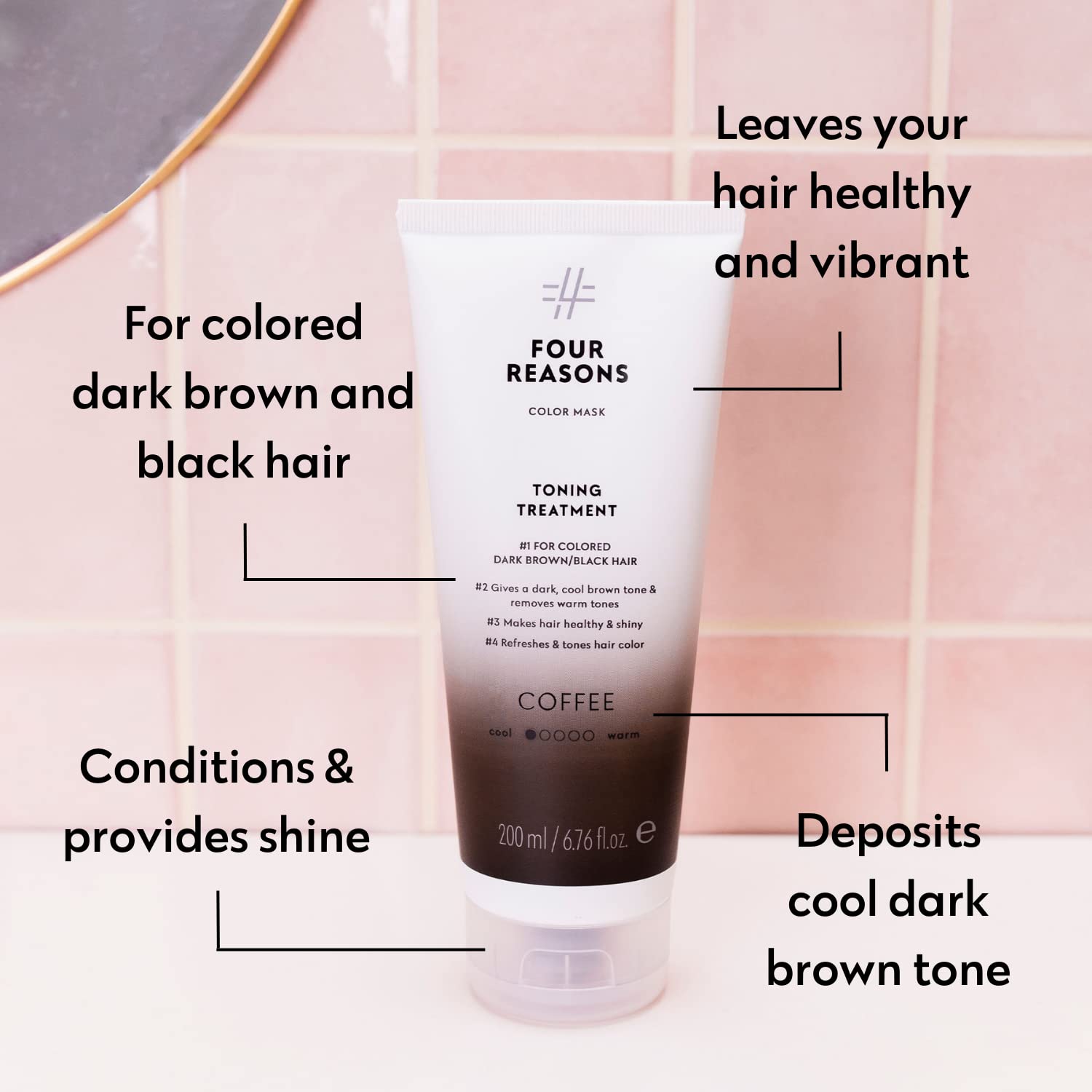 Four Reasons Color Mask Coffee application on dark hair demonstrates brassy elimination