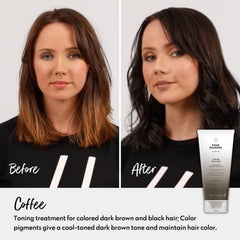 Four Reasons Color Mask Coffee swatches on hair show cool-toned tint