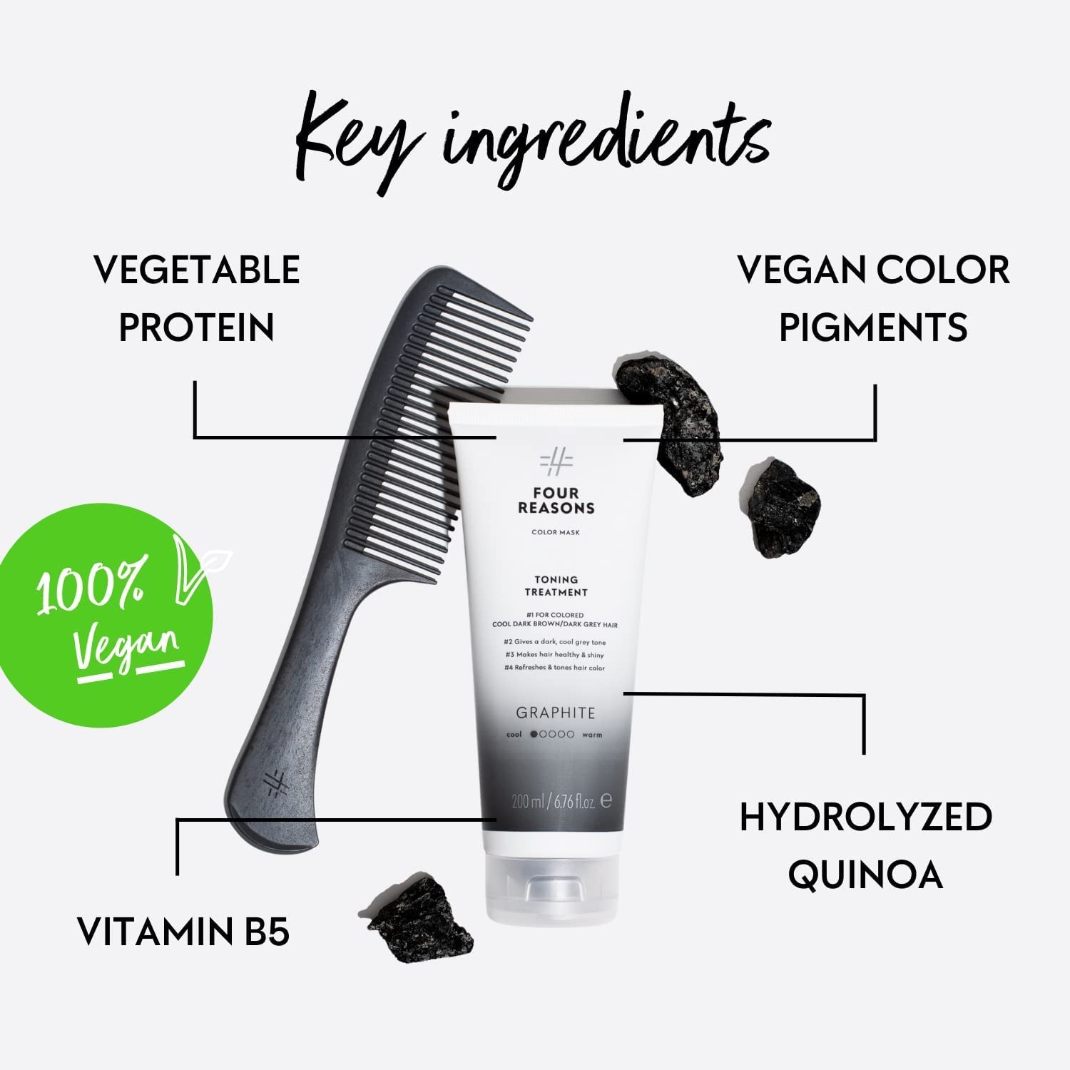 Four Reasons Graphite Color Mask on brown hair reduces brassiness and adds depth.