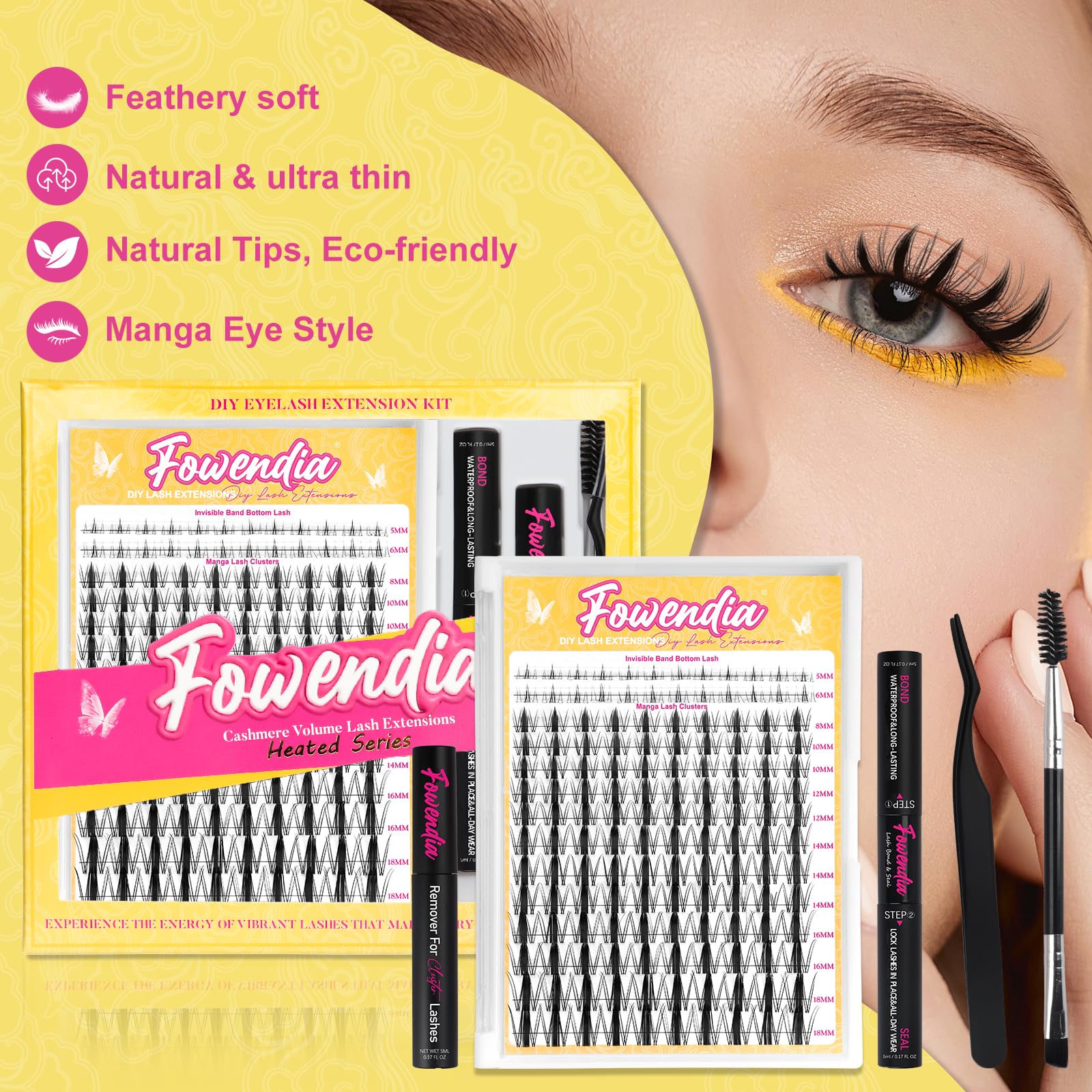 Fowendia diy lash kit image shows easy steps for perfect attachment.