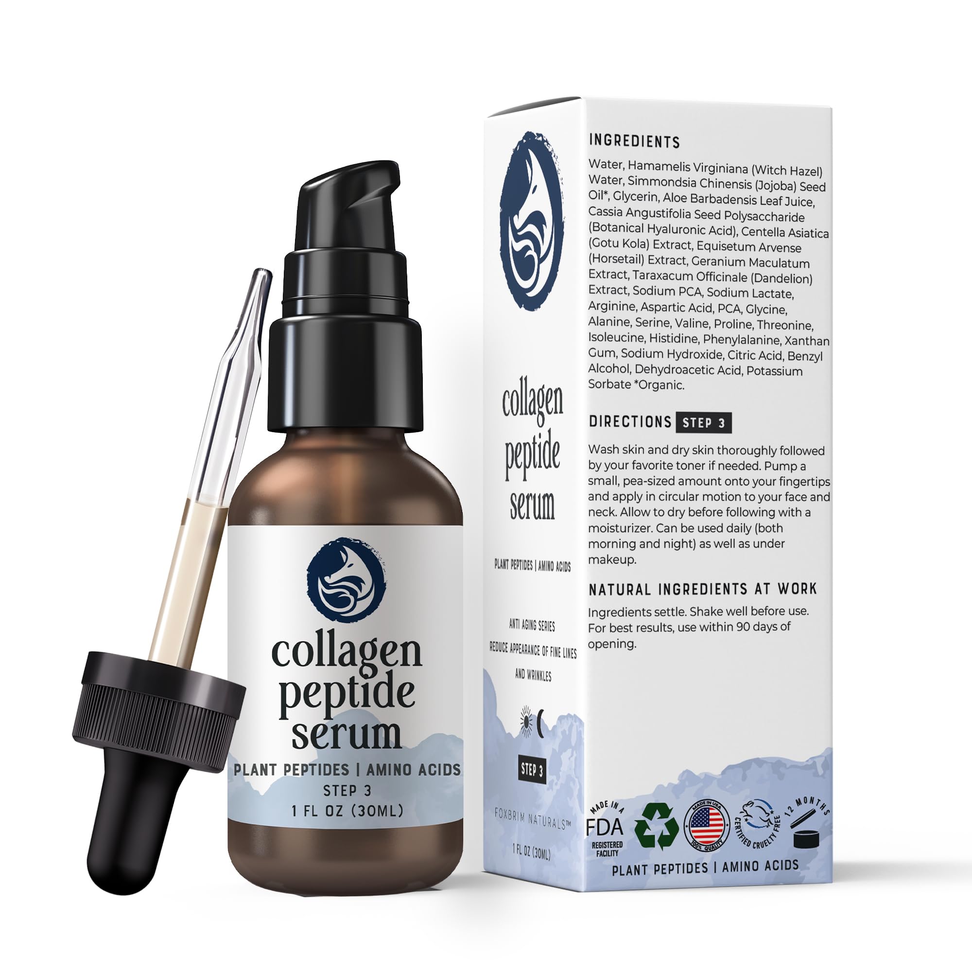 Foxbrim Naturals glass bottle with ingredient list detail on label.