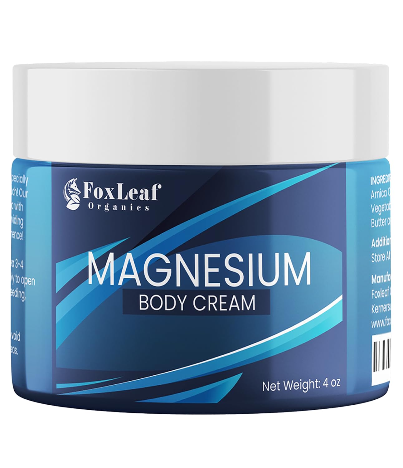 FOXLEAF magnesium cream front packaging showing product and benefit of topical magnesium