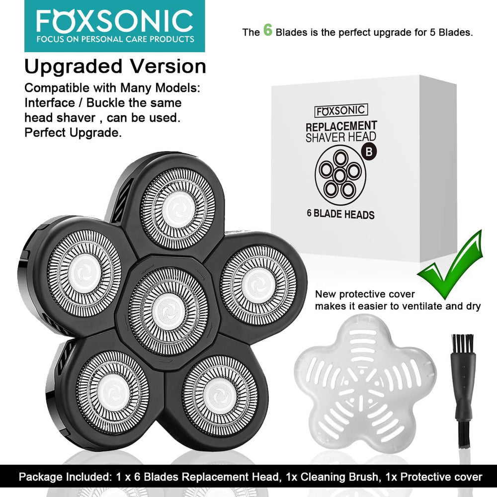 FOXSONIC 6-blade heads with brush for quick after-use cleaning.