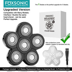 FOXSONIC 6-blade heads with brush for quick after-use cleaning.