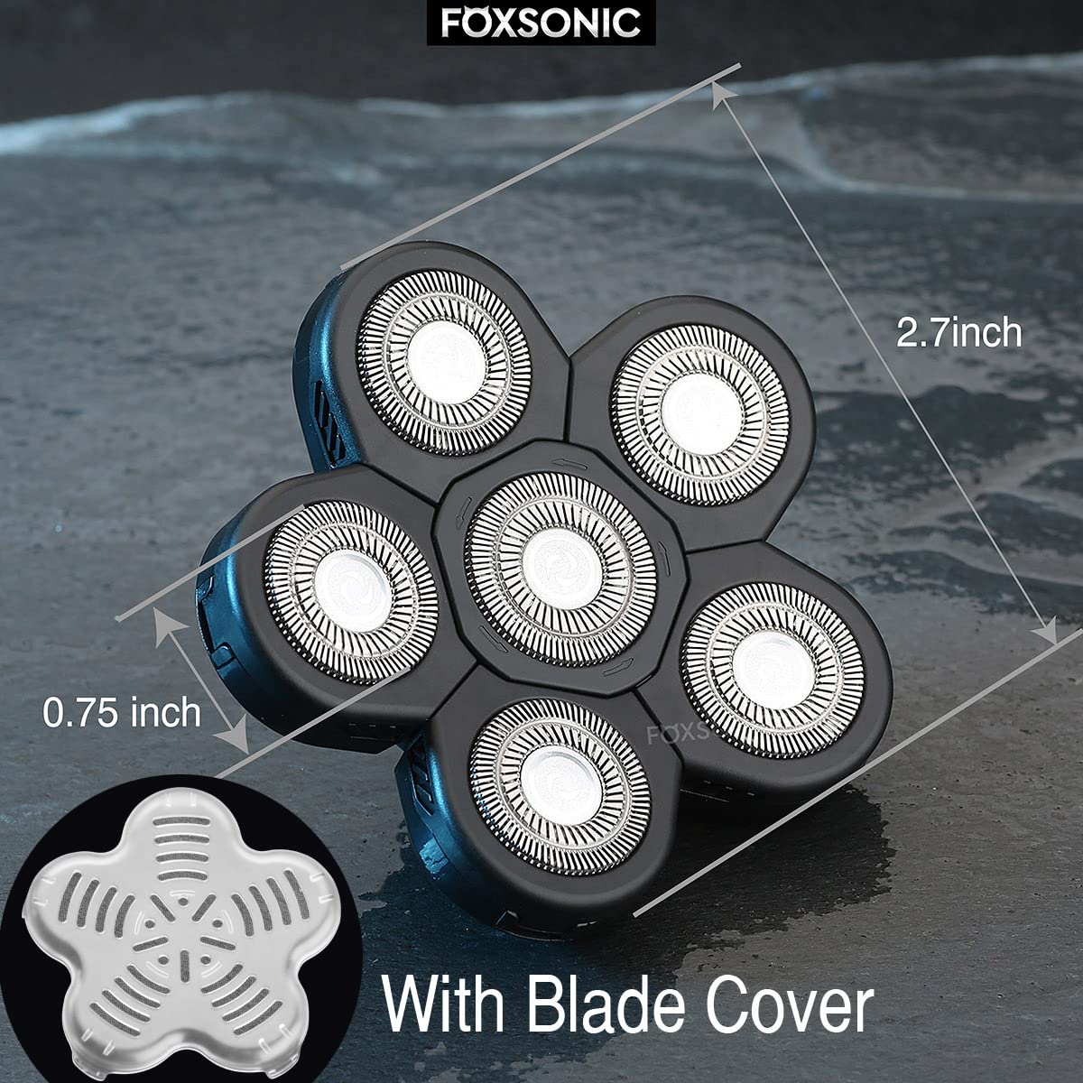 FOXSONIC 6-blade heads on a shaver demonstrate fast, thorough shaving.