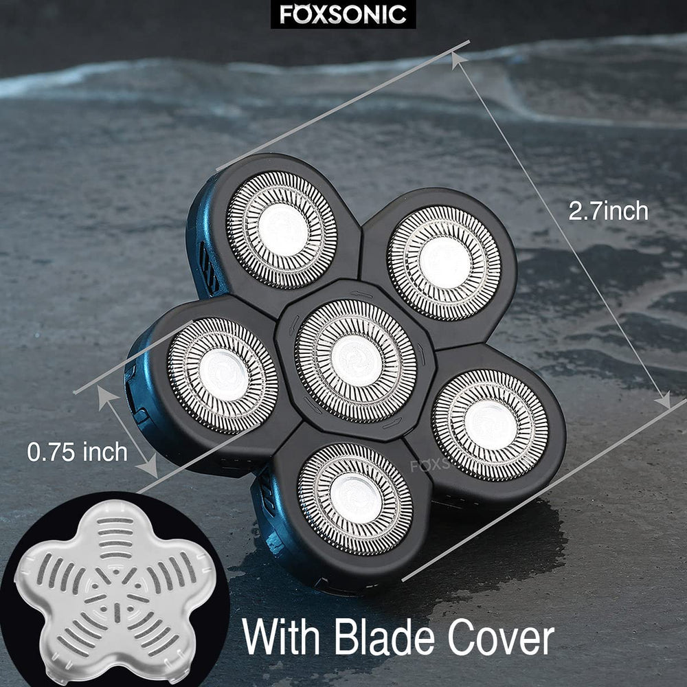 FOXSONIC 6-blade heads on a shaver demonstrate fast, thorough shaving.