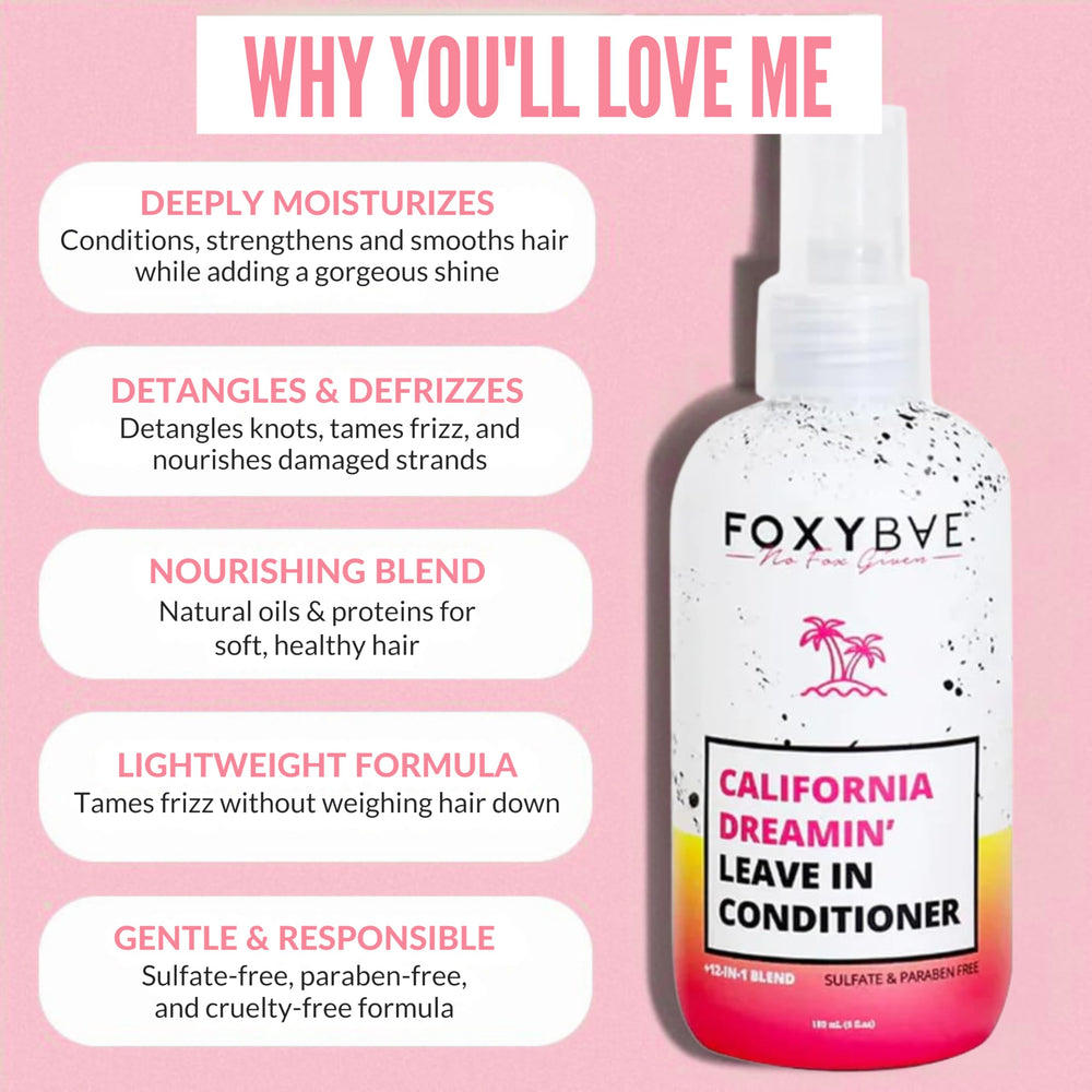 FoxyBae California Dreamin' leave-in spray application on hair demonstrates smooth distribution and fast detangling