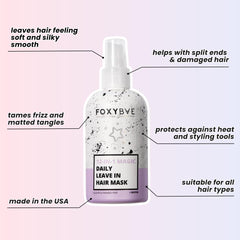 FoxyBae leave-in spray bottle close-up highlighting shea butter and argan oil benefits.