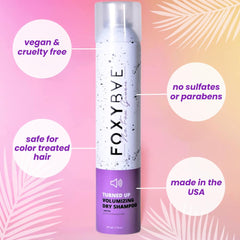 FoxyBae Turned Up dry shampoo biotin label spotlights color-safe formula.