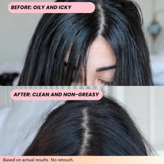 FoxyBae Volumizing Dry Shampoo no-residue close-up highlights clean oil absorbing action