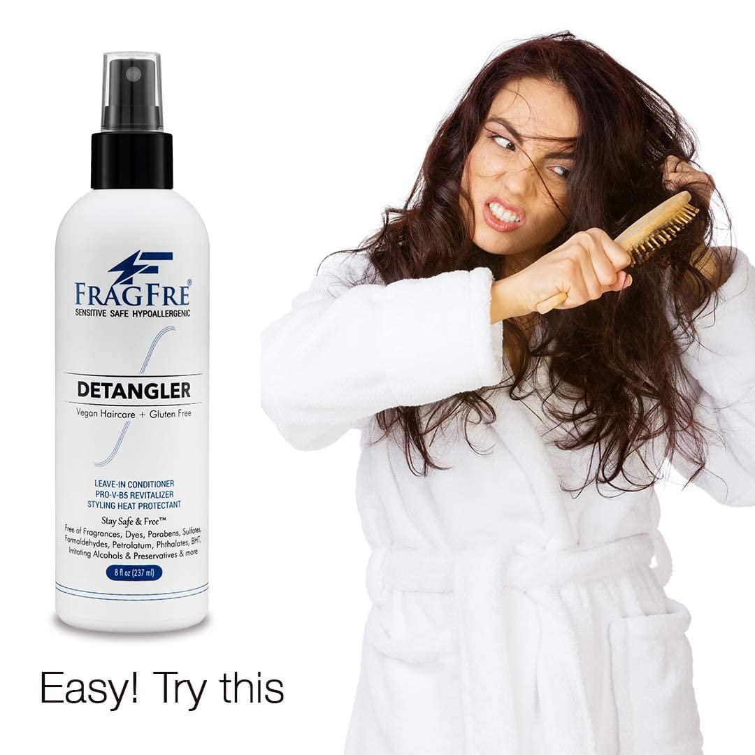 FRAGFRE detangler mist being applied for smooth knots and tangle-free styling.