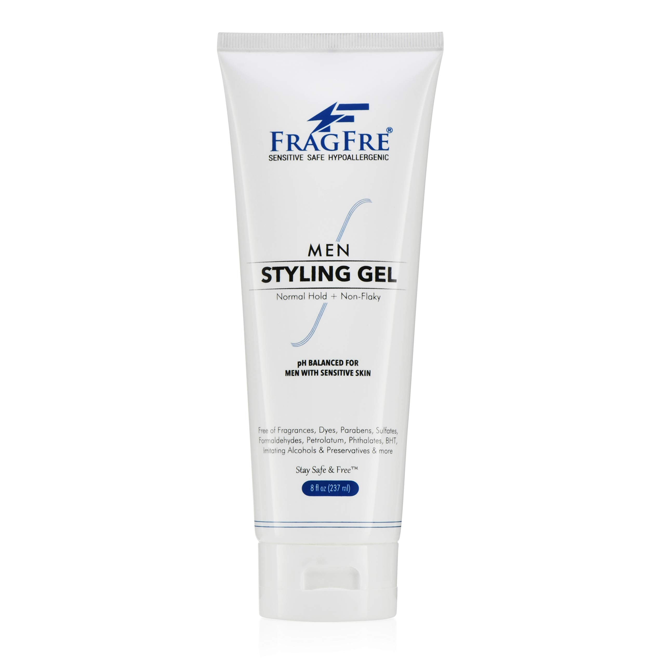Fragfre fragrance-free men hair gel bottle ready for fragrance-free styling on sensitive skin.