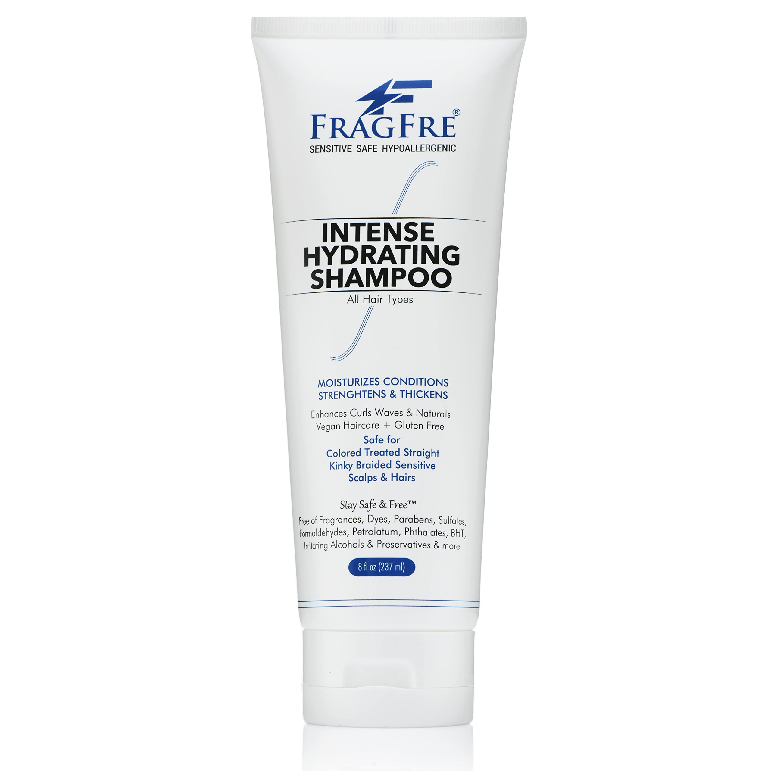 FRAGFRE Intense Hydrating Shampoo bottle front shows fragrance-free formula for sensitive scalps.