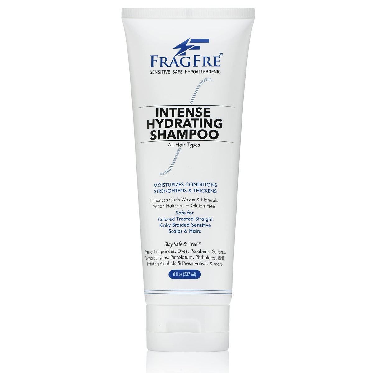 FRAGFRE Intense Hydrating Shampoo bottle front shows fragrance-free formula for sensitive scalps.
