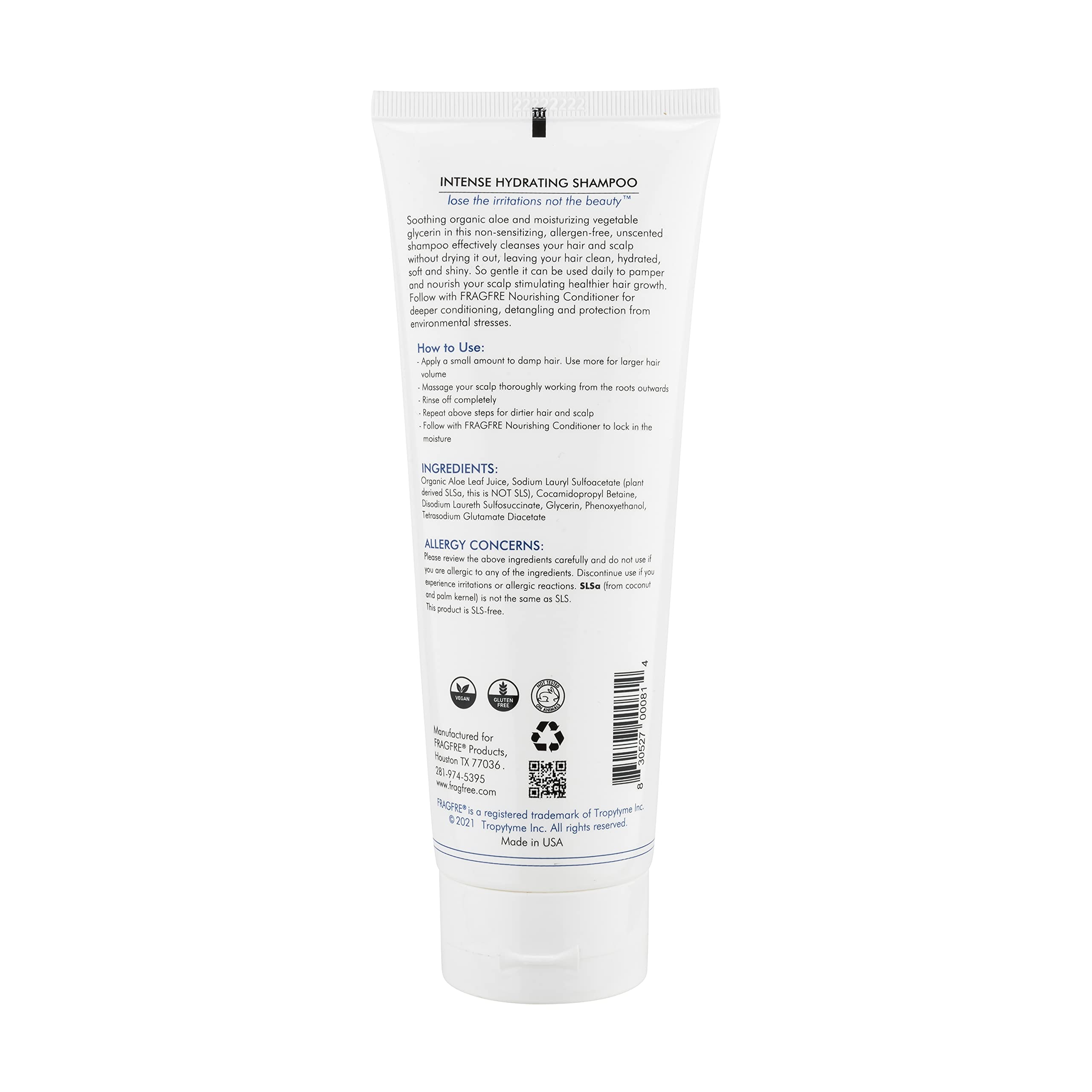 FRAGFRE Intense Hydrating Shampoo vegan cruelty-free branding emphasizes ethical choice.