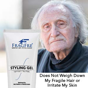 Fragfre light hold gel on hair close-up shows non-flaky finish for colored hair