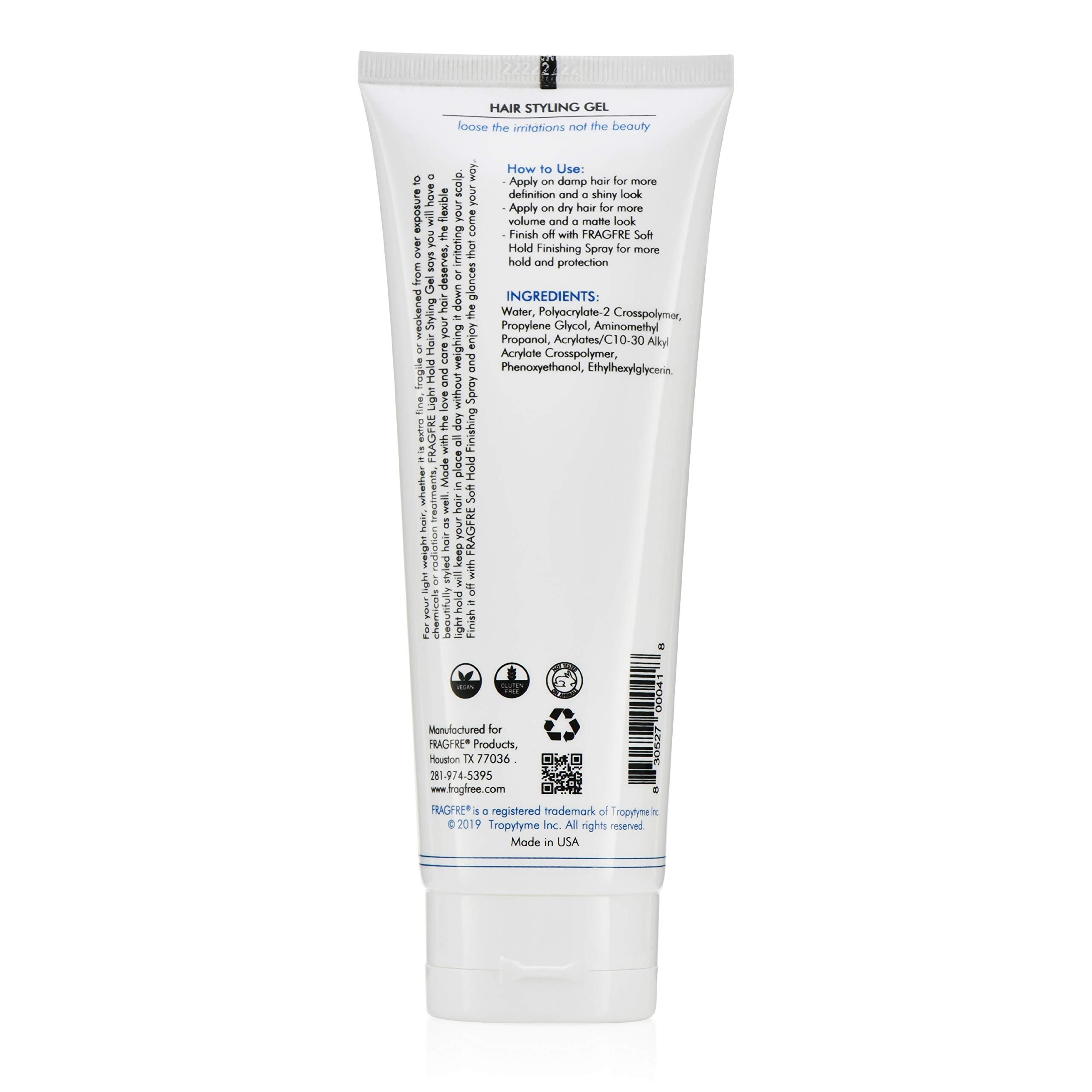Fragfre light hold gel sensitive formula supports gentle styling for delicate scalps