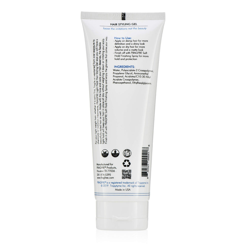 Fragfre light hold gel sensitive formula supports gentle styling for delicate scalps