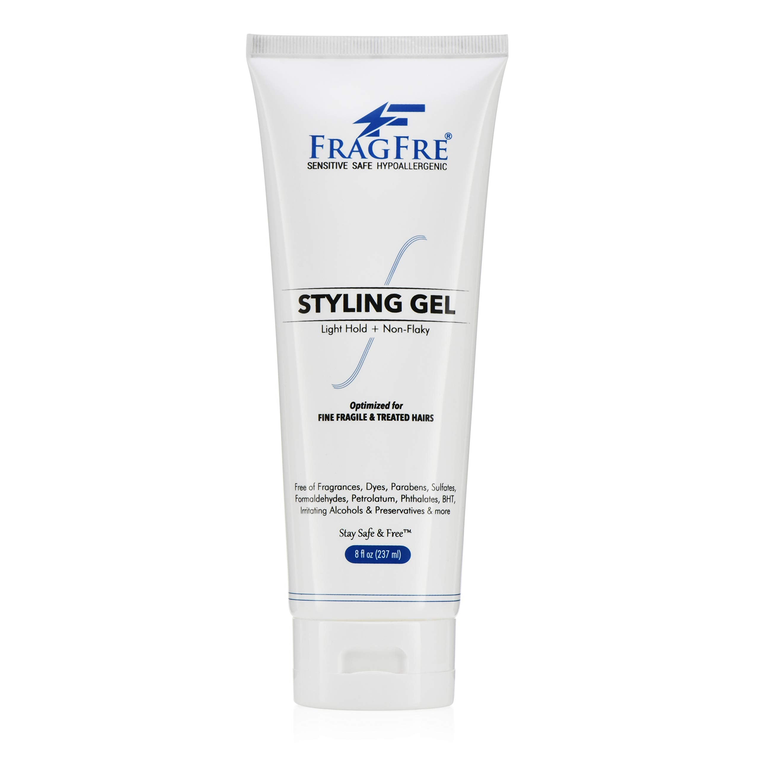 Fragfre light hold gel unscented bottle demonstrates lightweight styling for fragile hair