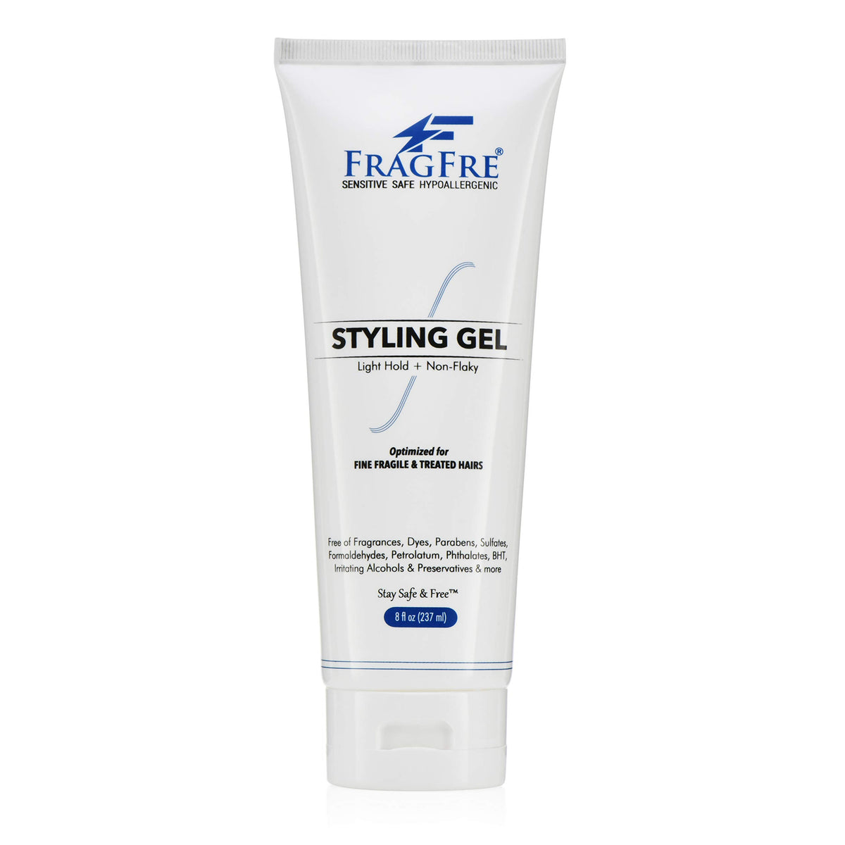 Fragfre light hold gel unscented bottle demonstrates lightweight styling for fragile hair