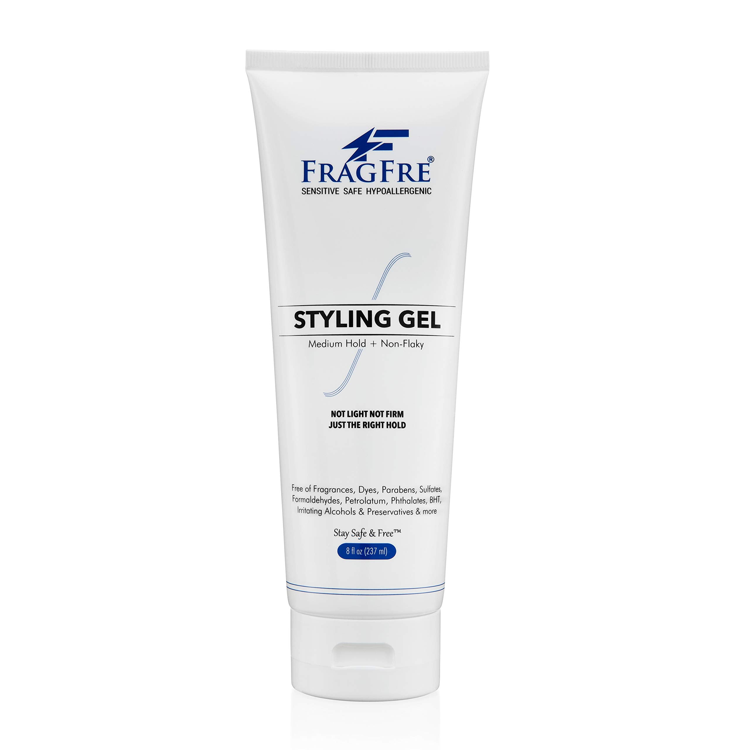 FRAGFRE styling gel 8oz bottle demonstrates fragrance-free hold for day-long manageability