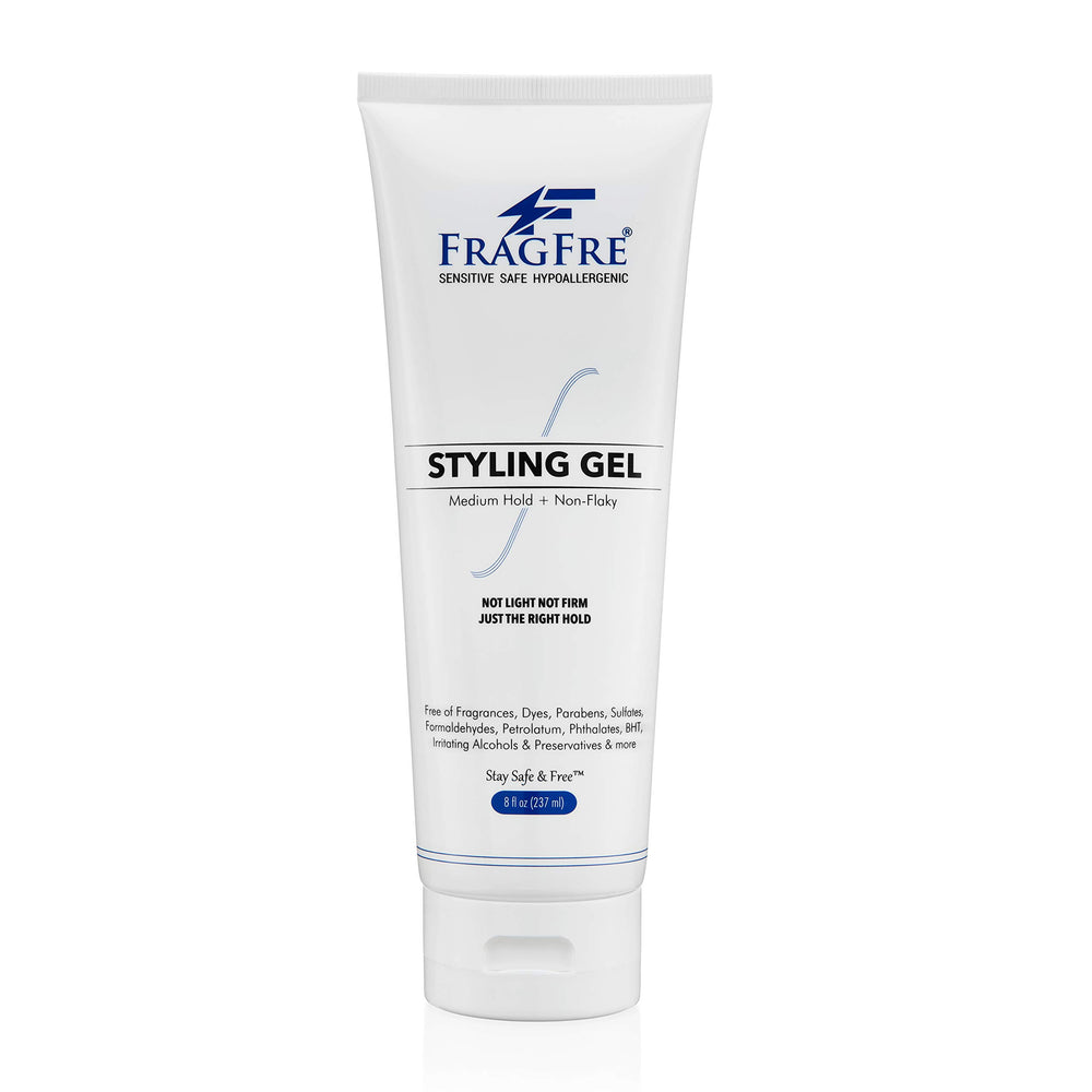 FRAGFRE styling gel 8oz bottle demonstrates fragrance-free hold for day-long manageability