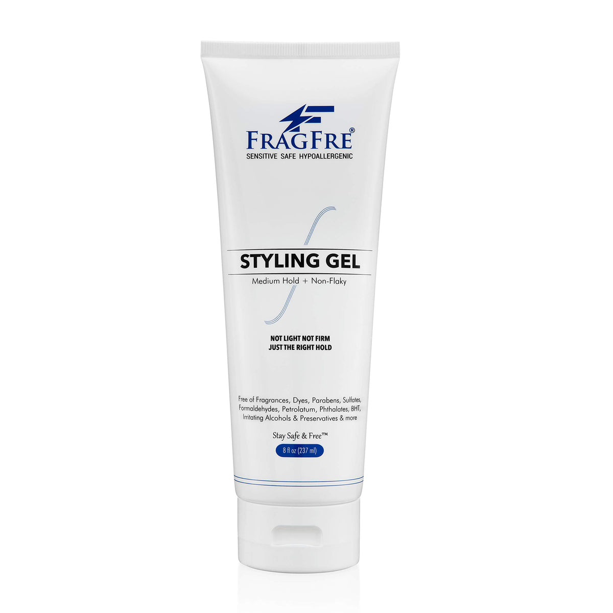 FRAGFRE styling gel 8oz bottle demonstrates fragrance-free hold for day-long manageability
