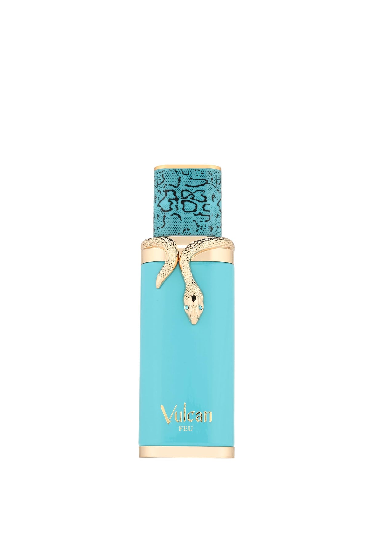 Fragrance World Vulcan Feu bottle highlights a warm, woody scent for confident evening wear.
