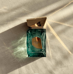 The Fragrance World France Avenue Aether base notes close-up emphasizing musk and amberwood longevity.