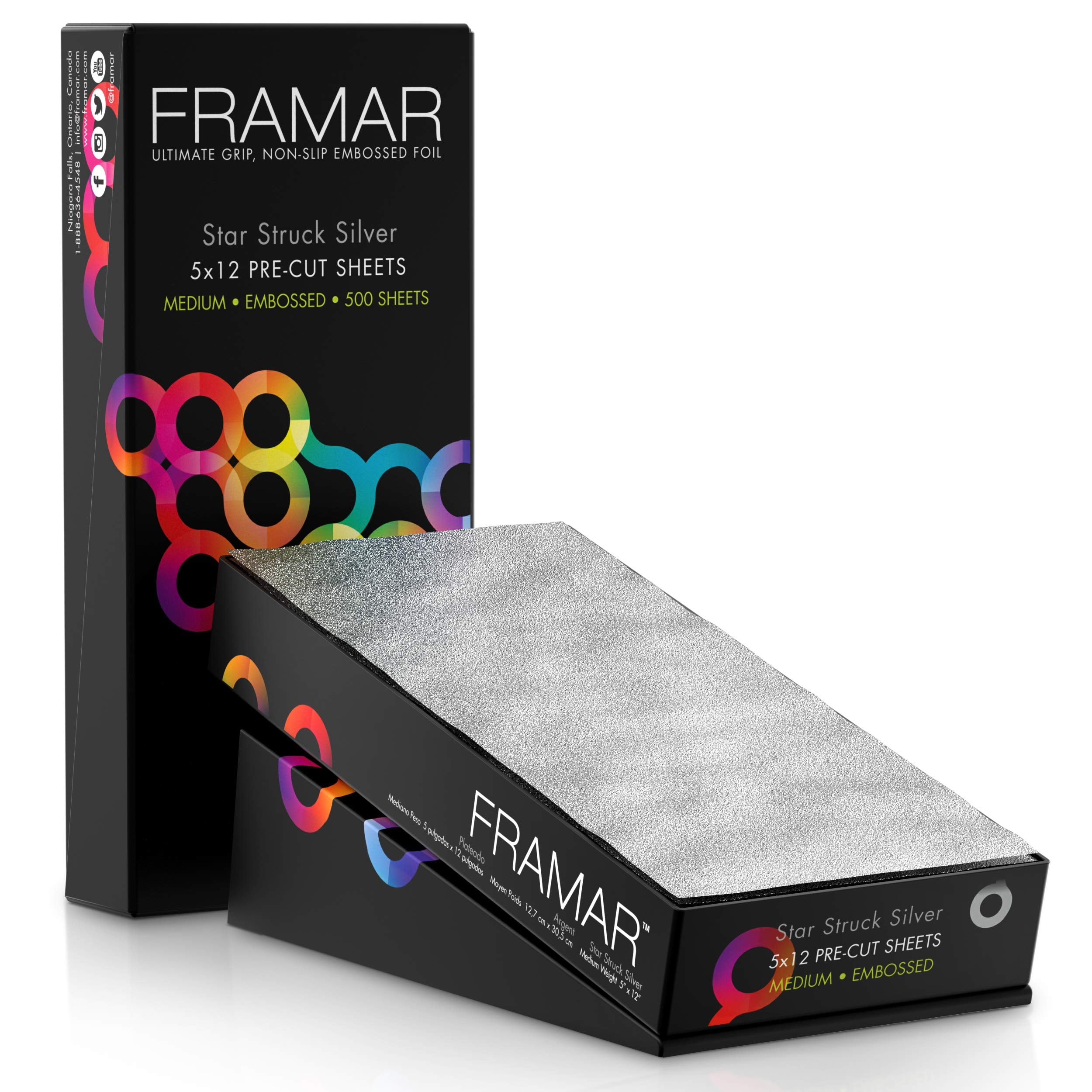 FRAMAR 5x12 silver embossed foil box-dispenser demonstrates effortless grab-and-go packaging.