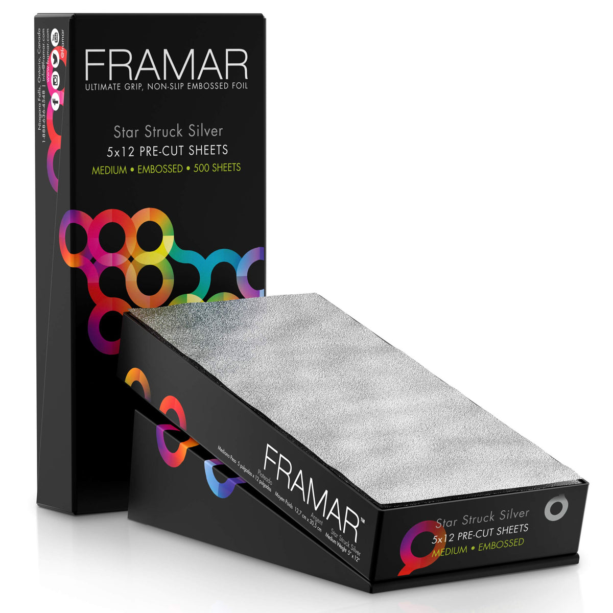FRAMAR 5x12 silver embossed foil box-dispenser demonstrates effortless grab-and-go packaging.