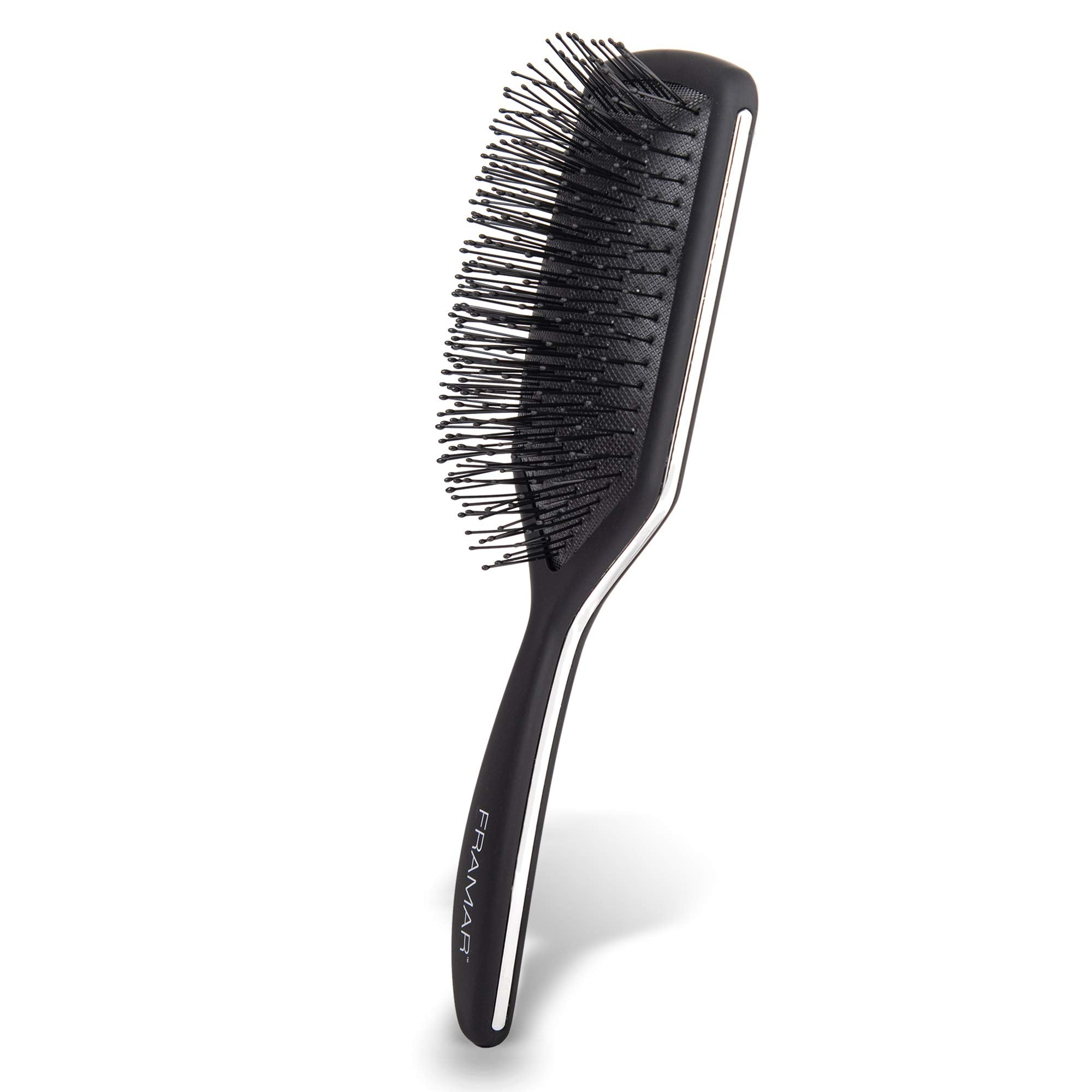 FRAMAR Black Paddle Hair Brush closeup of flexible bristles for gentle detangling