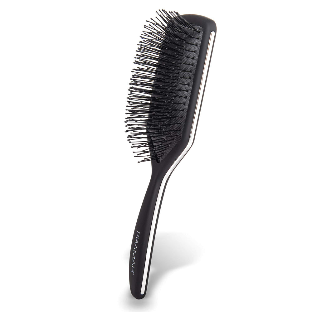 FRAMAR Black Paddle Hair Brush closeup of flexible bristles for gentle detangling