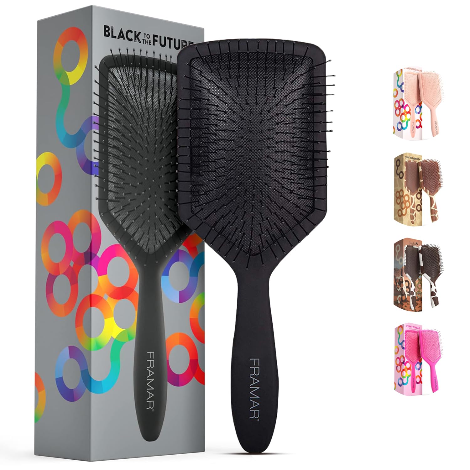 FRAMAR Black Paddle Hair Brush closeup of handle for comfortable styling