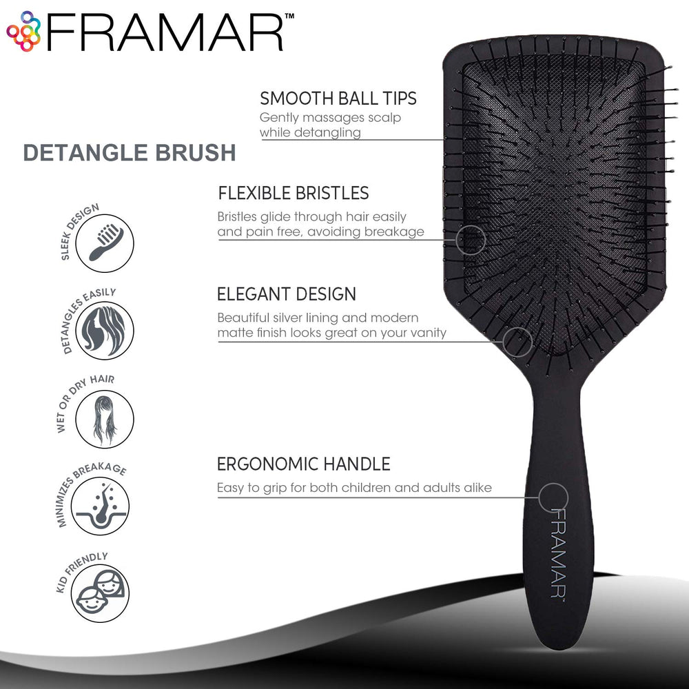 FRAMAR Black Paddle Hair Brush used on wet hair for painless detangling
