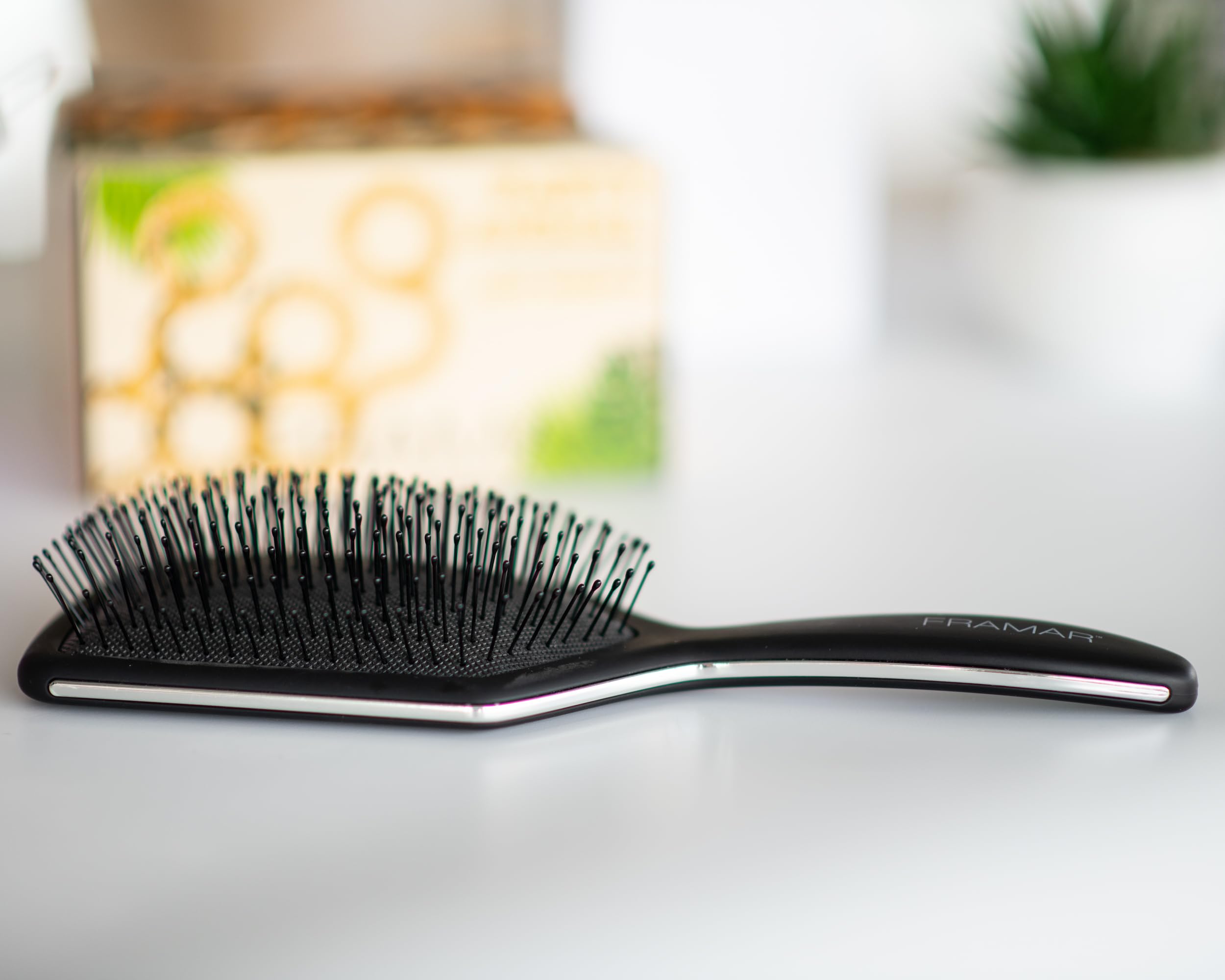 FRAMAR Black Paddle Hair Brush compact for purse or vanity travel-ready design