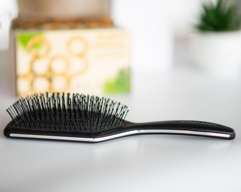 FRAMAR Black Paddle Hair Brush compact for purse or vanity travel-ready design