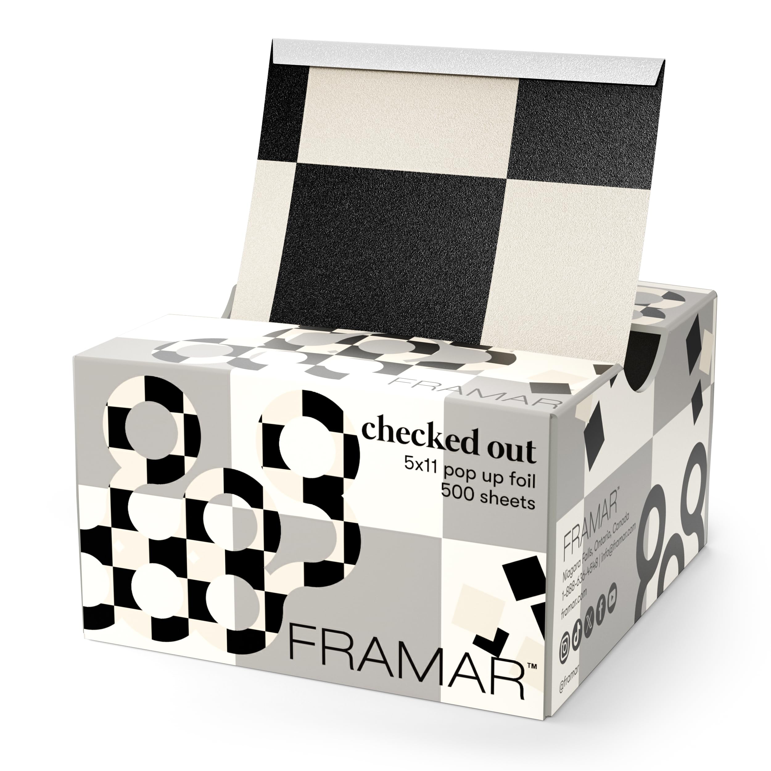 FRAMAR Checked Out Hair Foil packaging shows durable embossed foil for smooth color application.