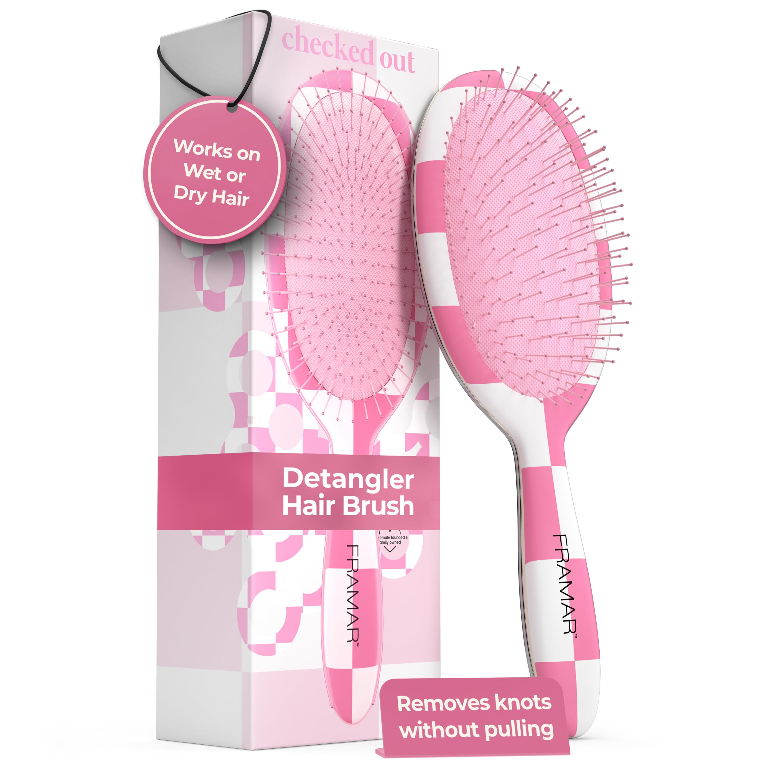 FRAMAR Checkered Hair Brush Detangler front view helps gentle detangling on wet or dry hair.