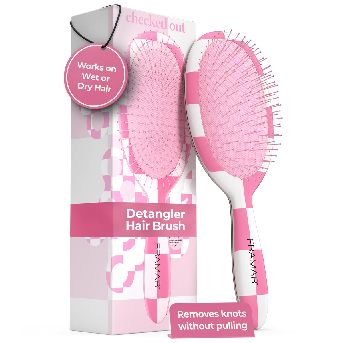 FRAMAR Checkered Hair Brush Detangler front view helps gentle detangling on wet or dry hair.