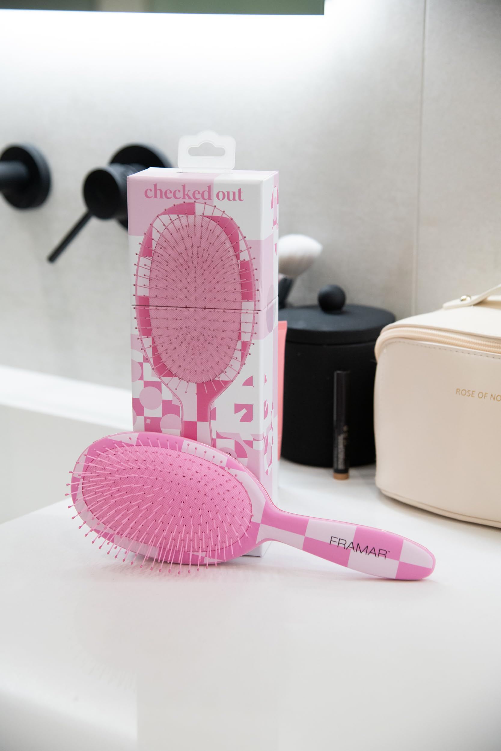 FRAMAR Checkered Hair Brush Detangler stylish pink design for purse or vanity.