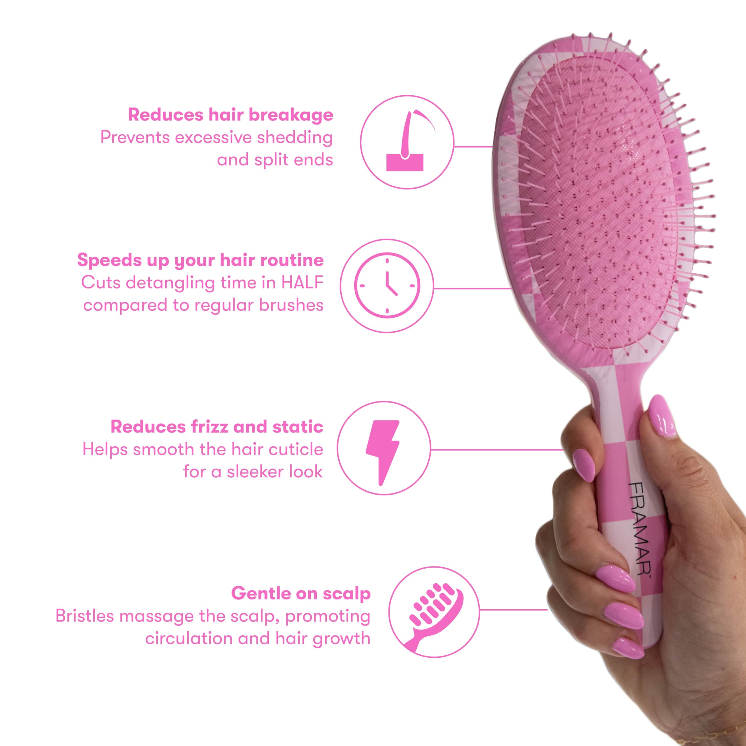 FRAMAR Checkered Hair Brush Detangler wet-hair usage speeds detangling without breakage.