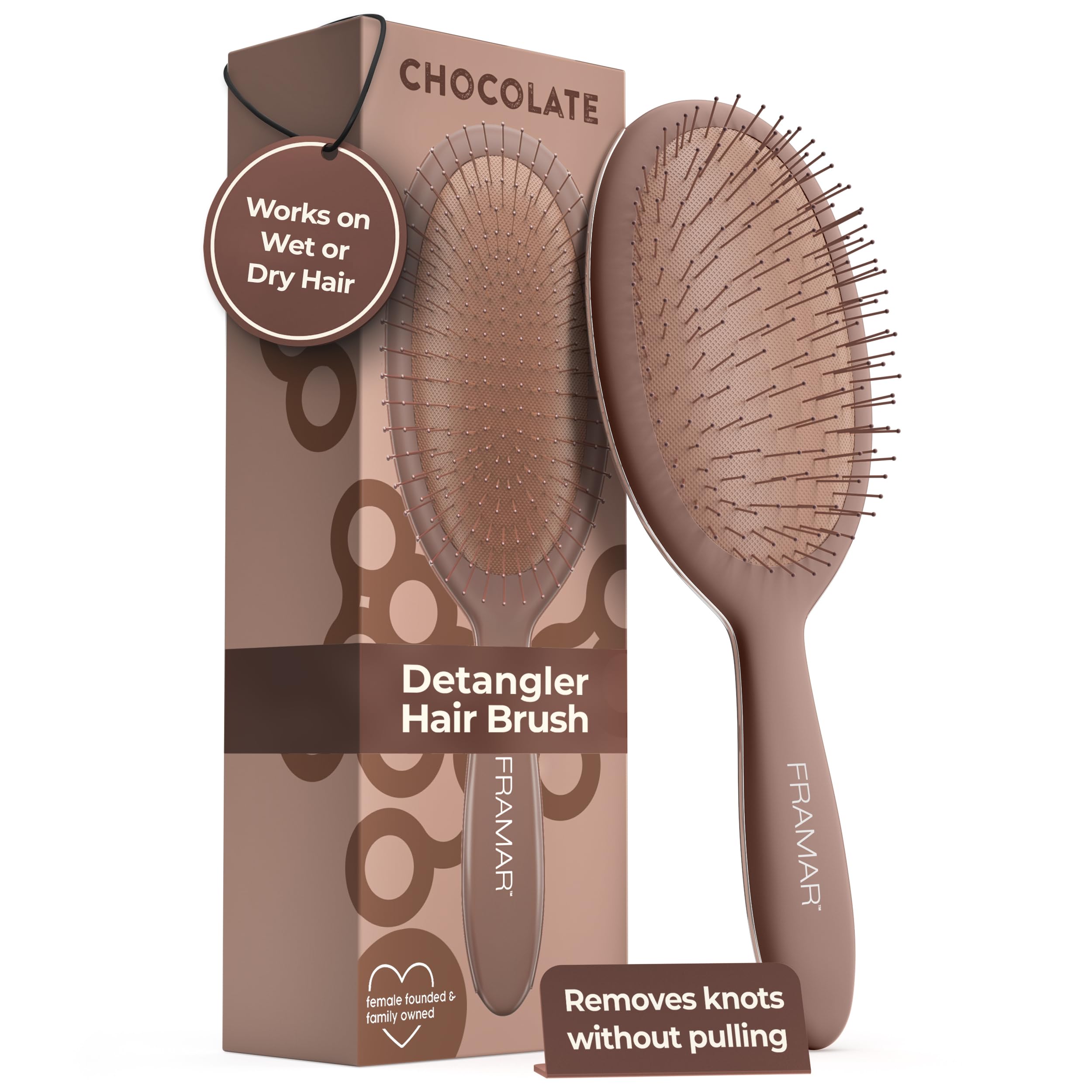 FRAMAR chocolate detangler brush eases tough tangles with flexible bristles