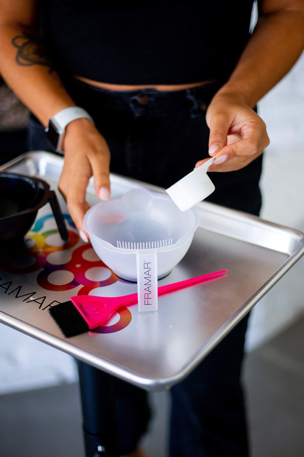 FRAMAR color bowl pour spout for clean transfers.