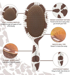 FRAMAR cow-print hair brush bristles closeup show flexible detangling action for sensitive scalps