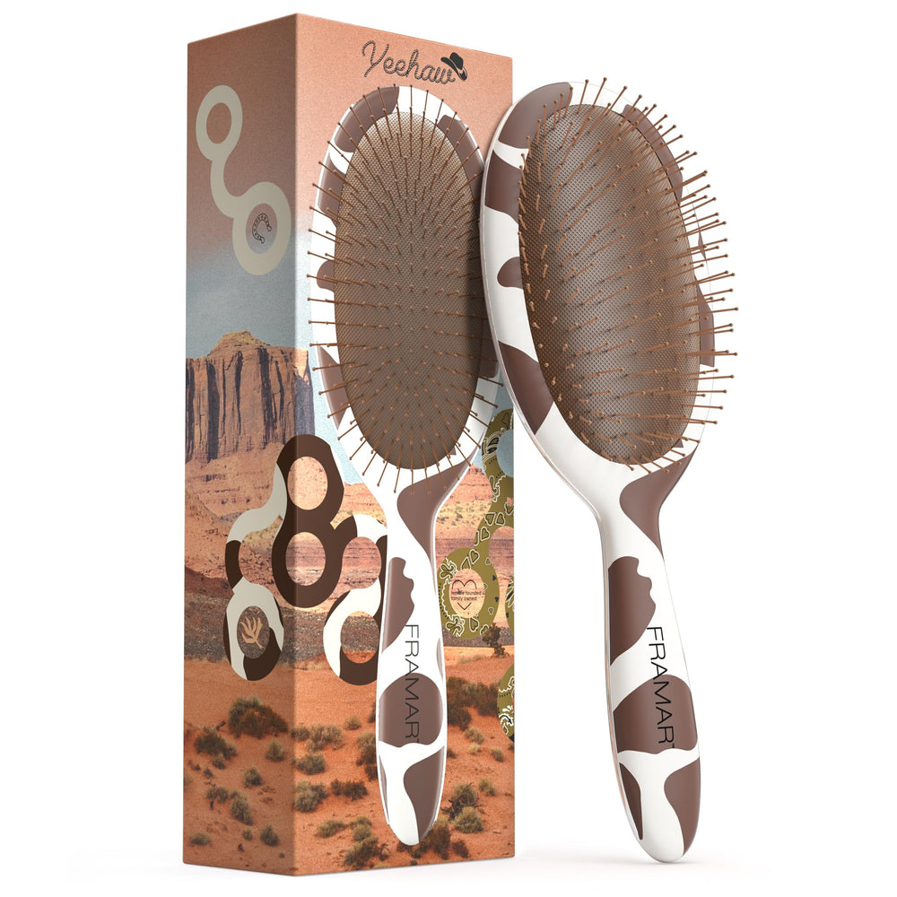 FRAMAR cow-print hair brush detangler gently removes knots for all hair types