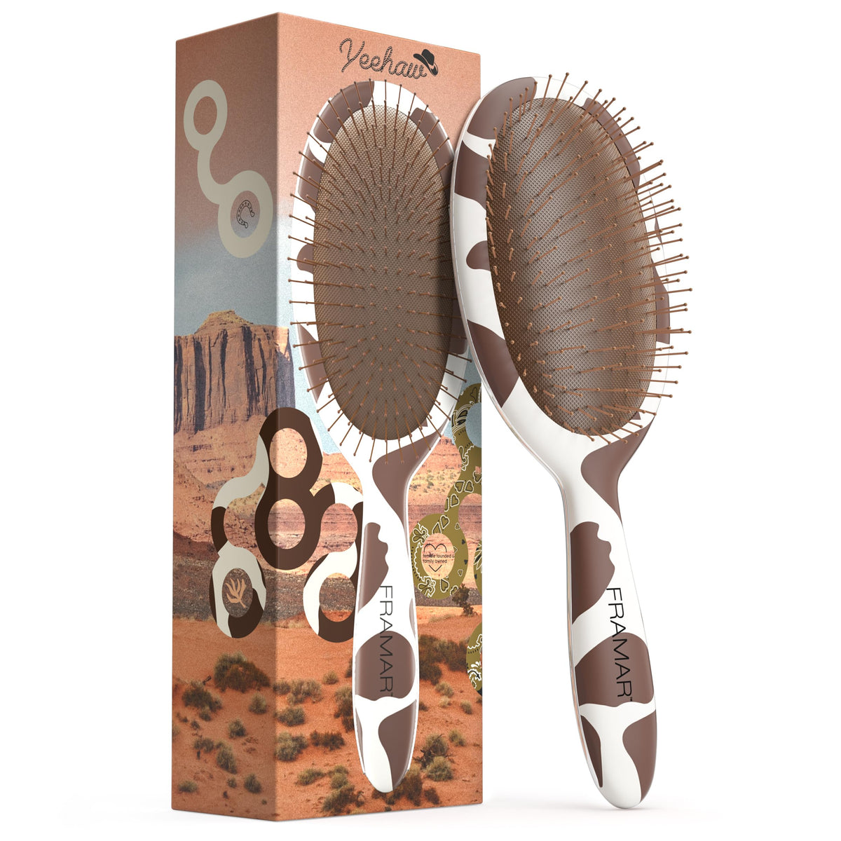 FRAMAR cow-print hair brush detangler gently removes knots for all hair types